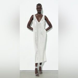 ZARA white sequins midi dress size extra small